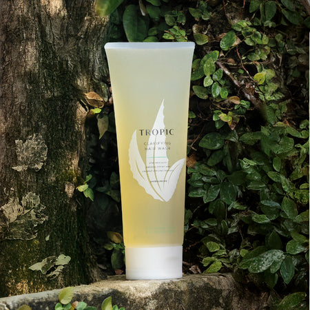 Clarifying Hair Cleanser contains aloe vera, babassu extract and coconut-derived cleansers.
See through bottle with a yellow hue. There is a small leaf design on white on the bottle.
It rests against a tree and leafy background.